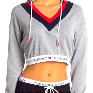 Tommy Hilfiger Gray V-Neck Sweater with Red and Navy Accents